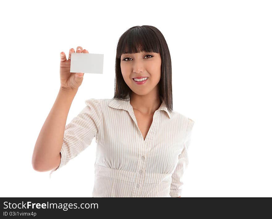 Smiling woman holding up a blank business card, club card, credit card, student card or other. White background. Smiling woman holding up a blank business card, club card, credit card, student card or other. White background.