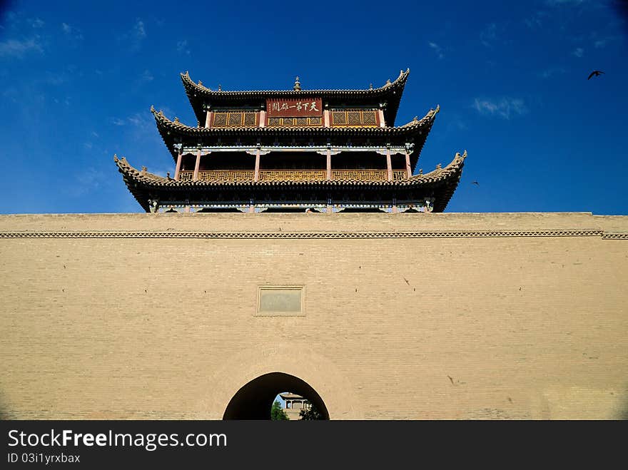 Jiayuguan, mountain pass, Great Wall, the first pass, city wall, vestige, strategic pass, blue sky, tower over a city gate, old city, important pass, fort