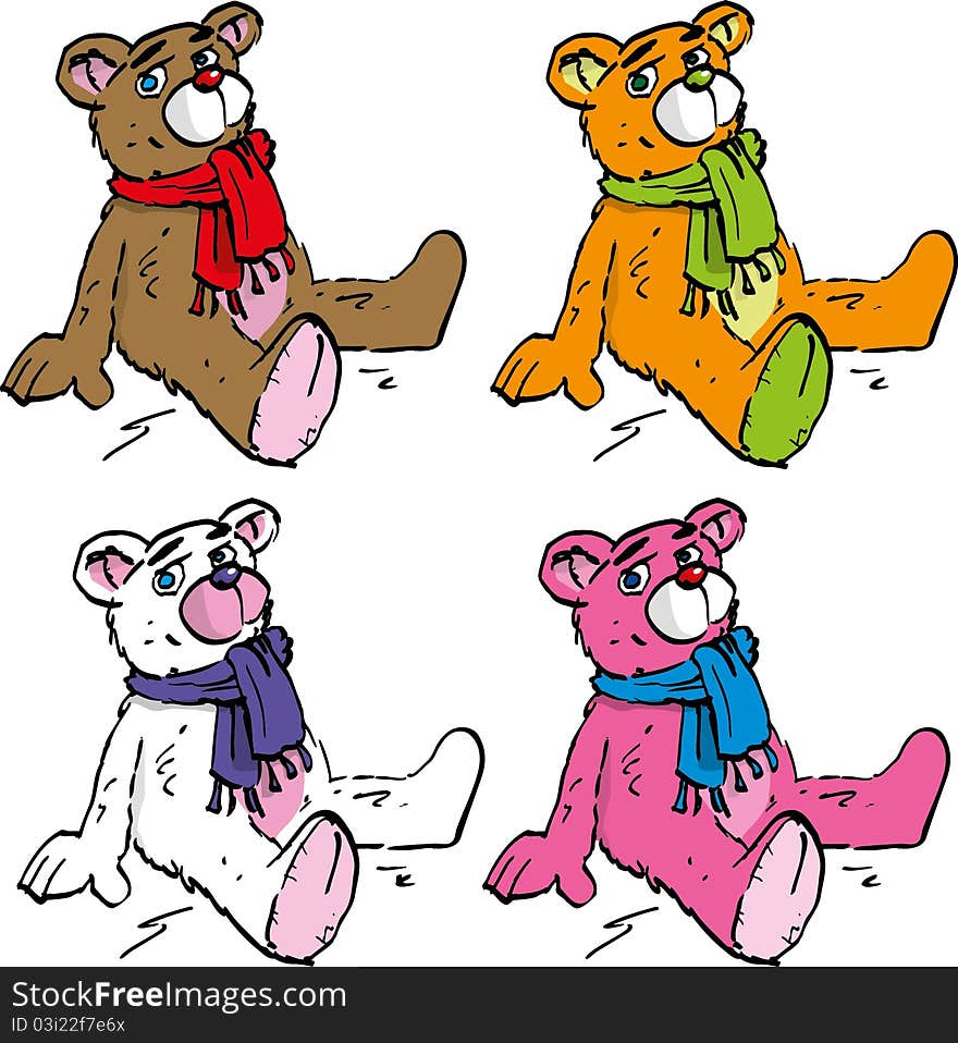 Four Cartoon teddy bears different colour