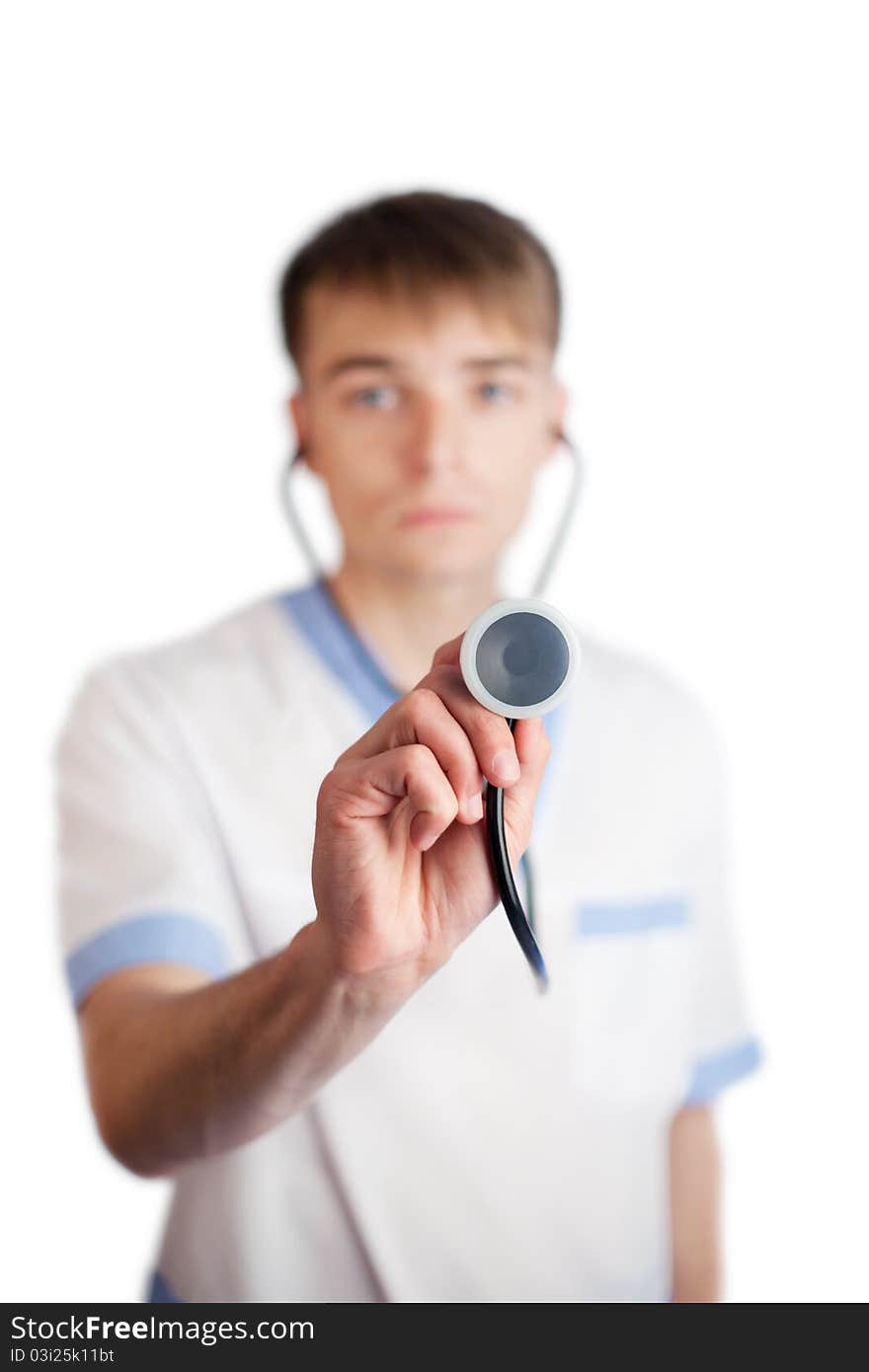 Medical doctor with stethoscope isolated on white background