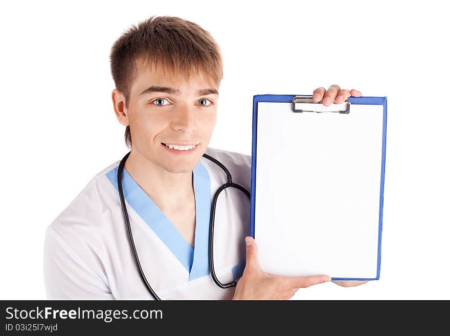 Medical doctor holding clipboard isolated on white background