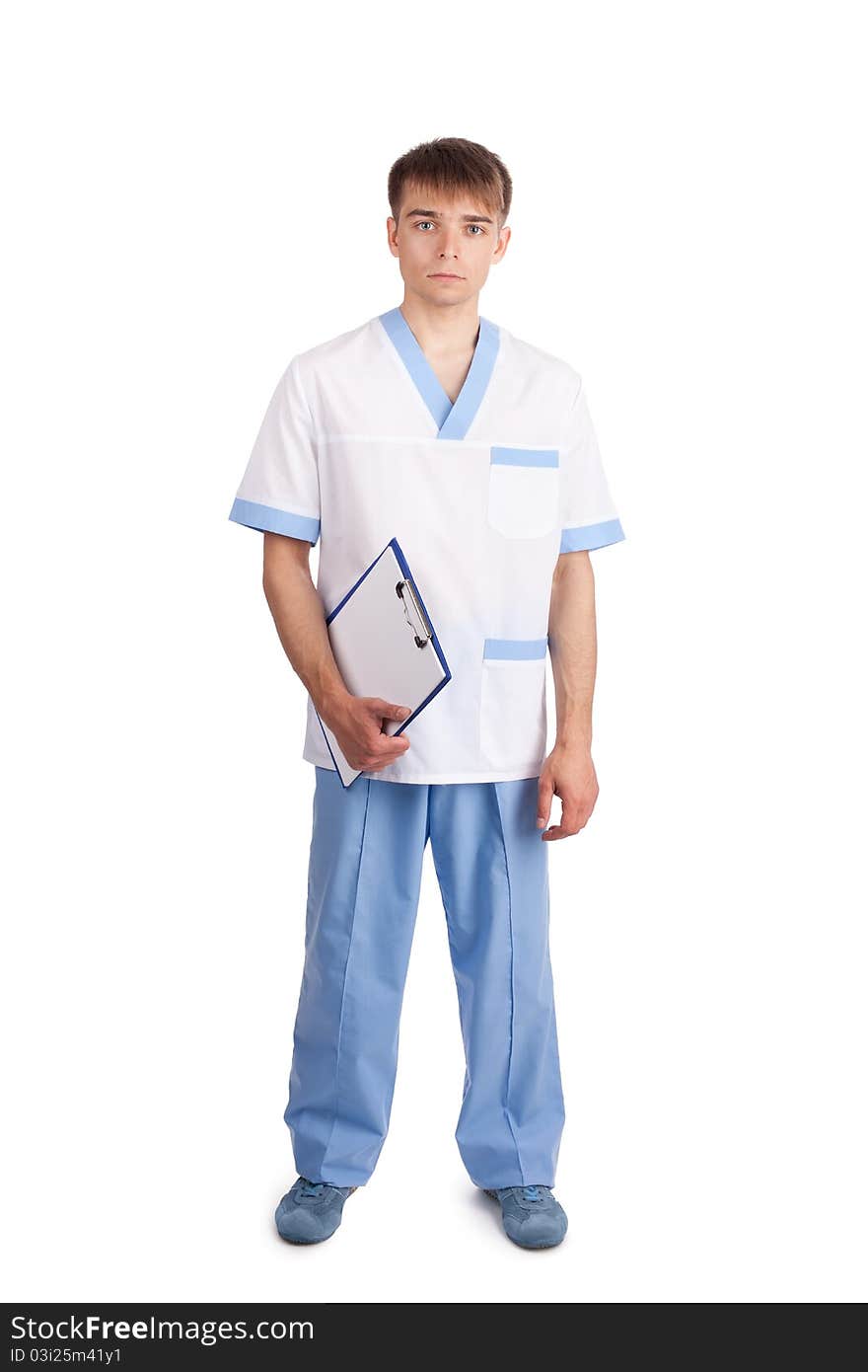 Medical doctor isolated holding clipboard on white background. Full length portrait