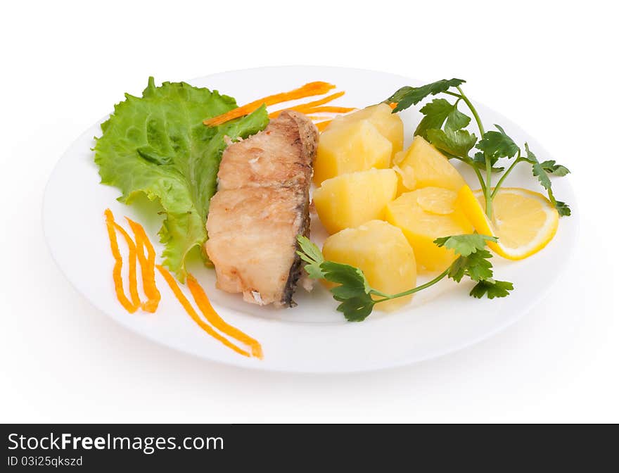 Fish and potatoes served isolated on white background