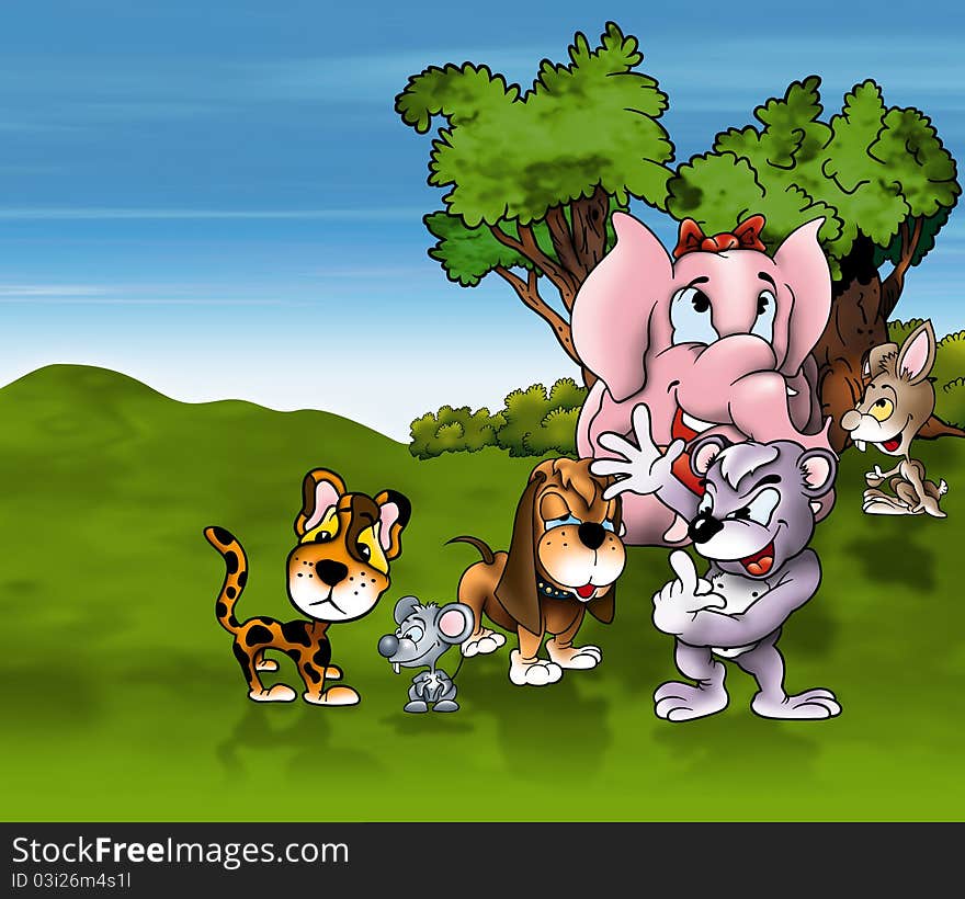 Animals Cartoon - Cheerful Background Illustration, Bitmap