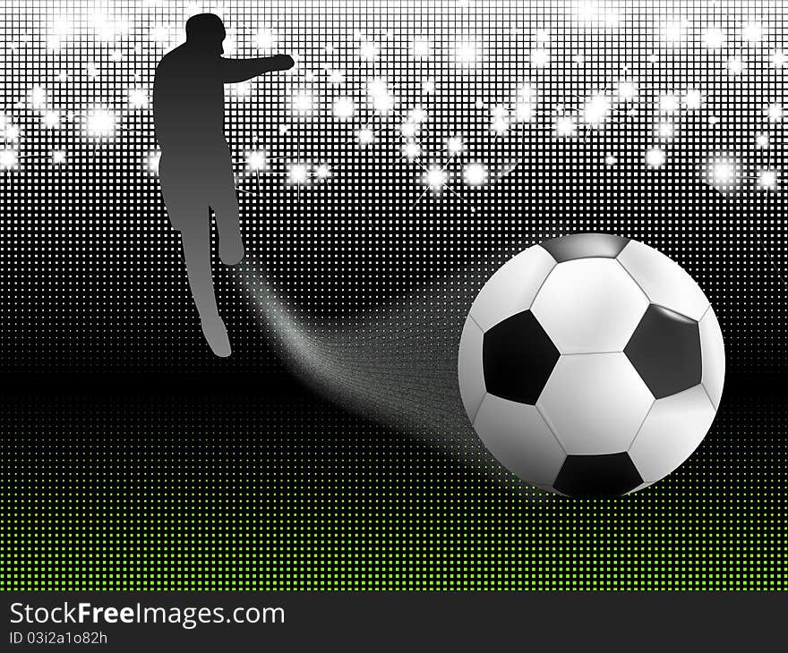 Abstract Soccer background with the ball, stadium lights and soccer player