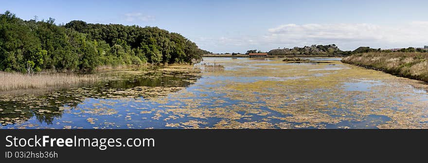 Panoramic tide mill on the coast