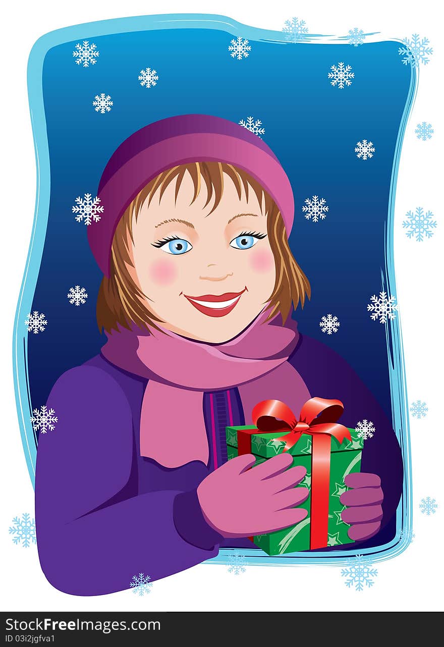 Vector illustration of a girl holding a Xmas present. Vector illustration of a girl holding a Xmas present