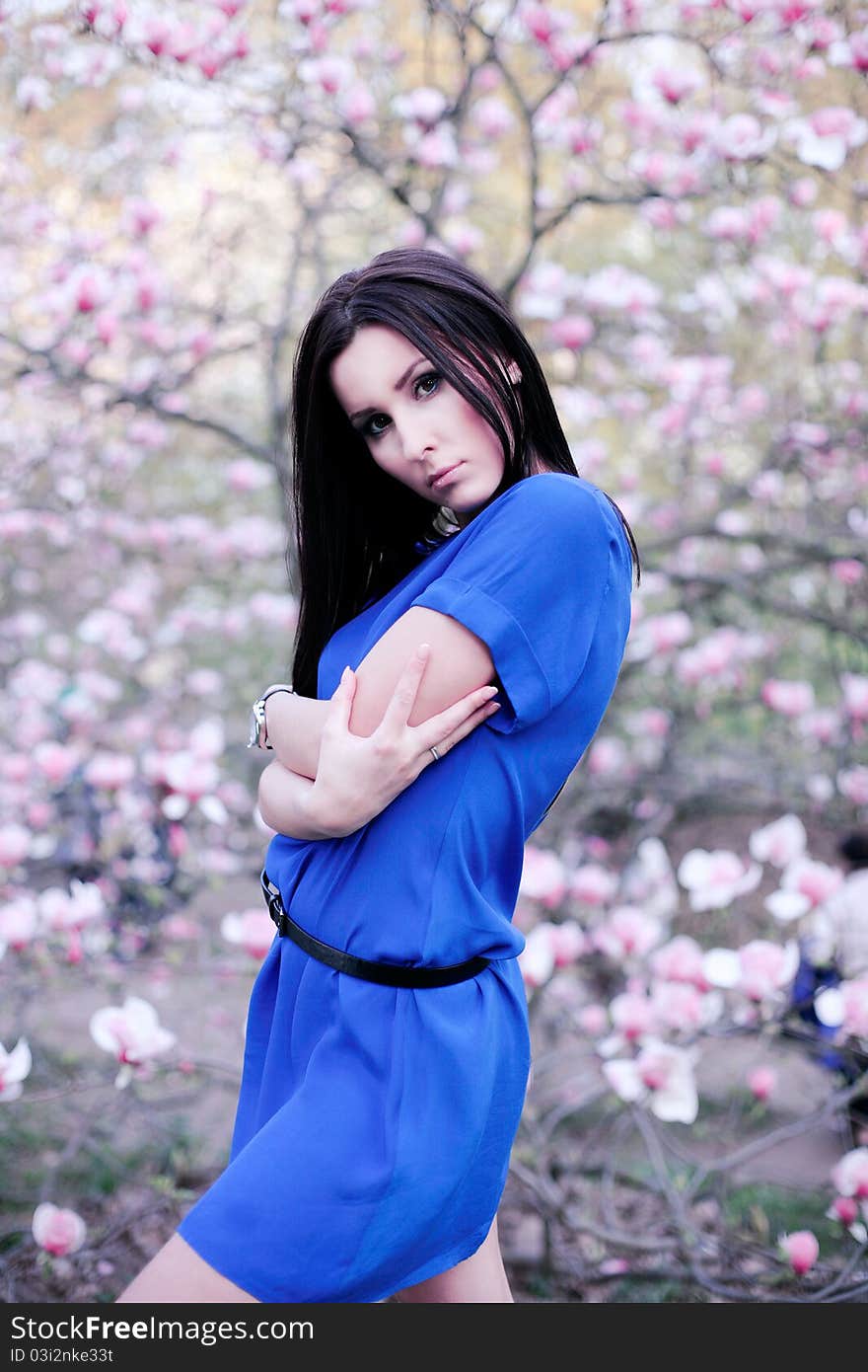 A girl in a blue dress in the garden of magnolias