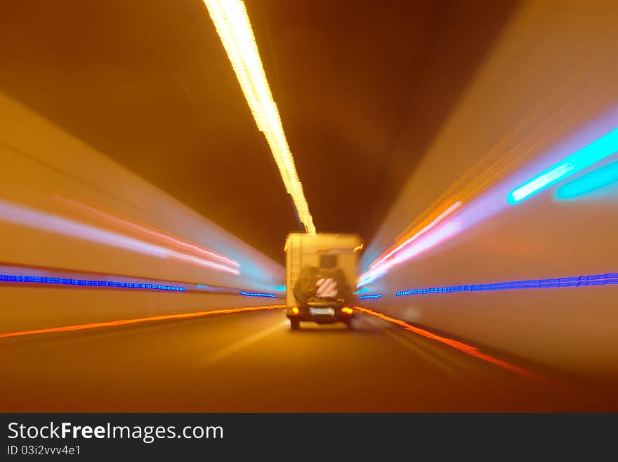 Abstract mobile home driving through tunnel of Sveti Rok in Croatia. Abstract mobile home driving through tunnel of Sveti Rok in Croatia