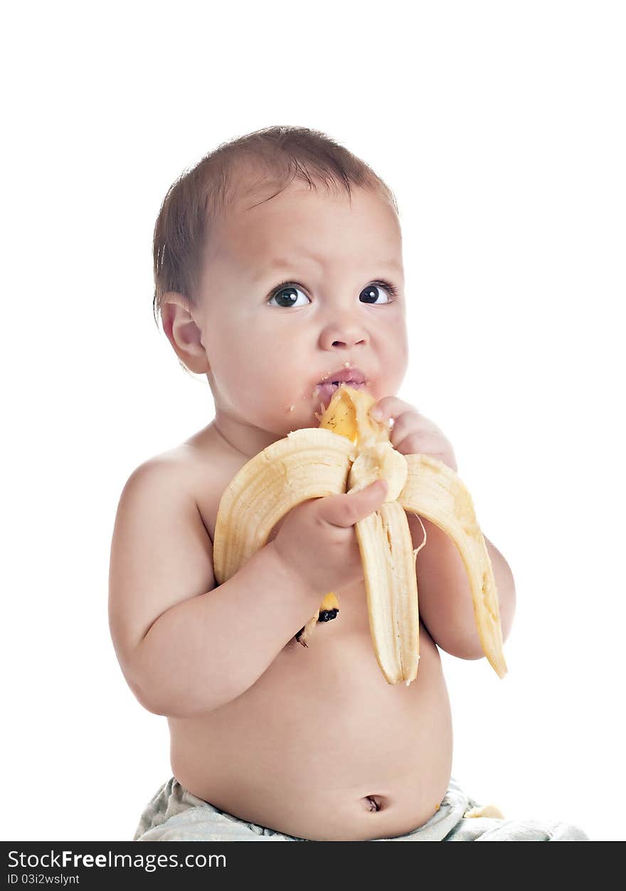Baby with banana isolated on white
