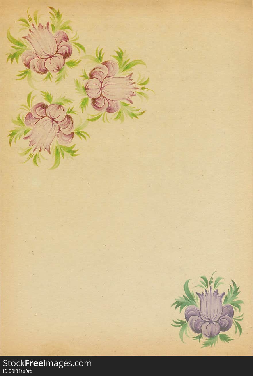 Background with a Flower in folk style, drawn on an old paper bu watercolor