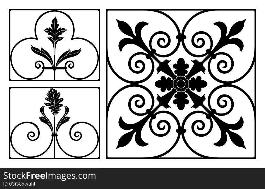 Three black ornament elements over white background. Three black ornament elements over white background