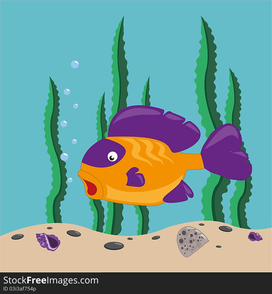 Funny yellow fish swims in the sea