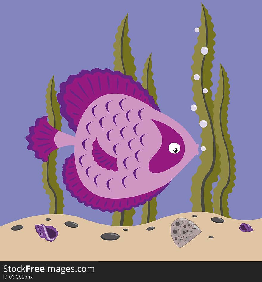 Funny pink fish swims in the sea