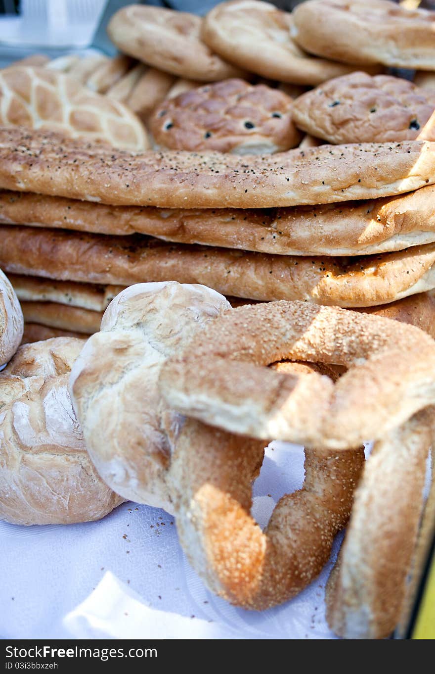 Big assortment of fresh bread at the market