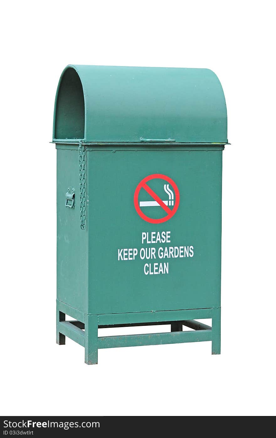 Green Color Waste Container With No Smoking Sign. Image Is Isolated On White. Green Color Waste Container With No Smoking Sign. Image Is Isolated On White