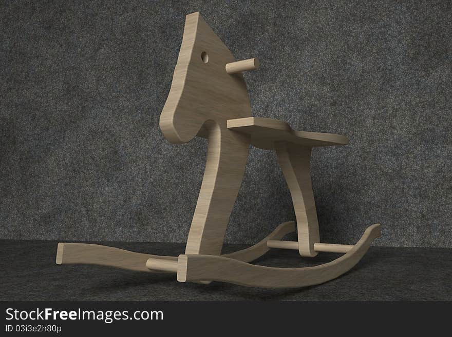 Wooden rocking horse in a dark stone room in 3d