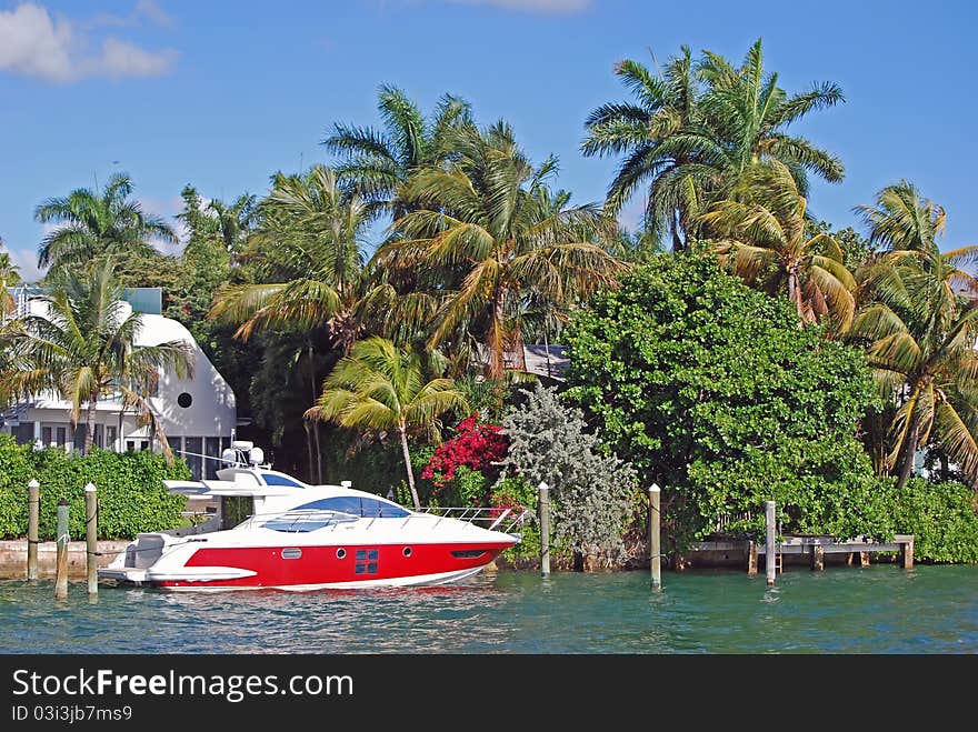 Sportfishing boat docked on diLido island in miami beach. Sportfishing boat docked on diLido island in miami beach