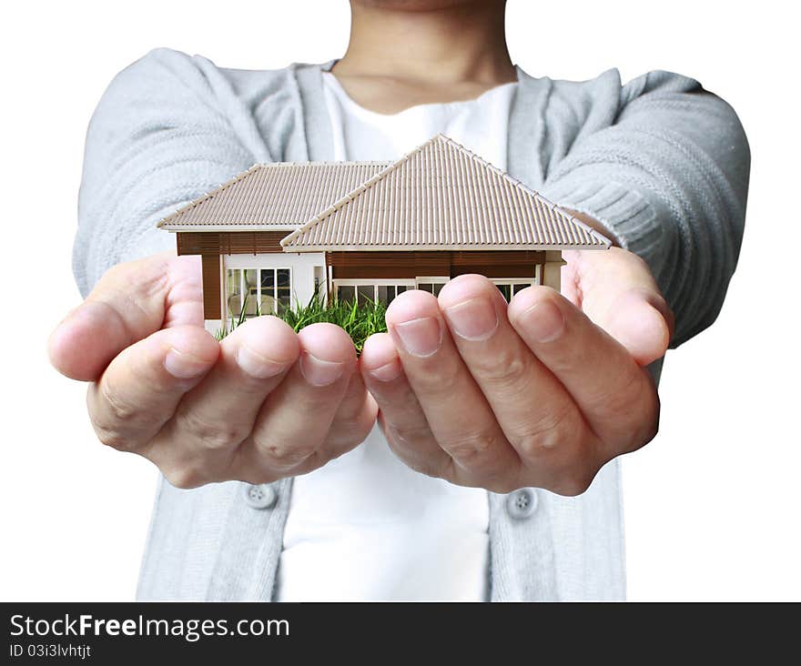 House in human hands male teenage white background