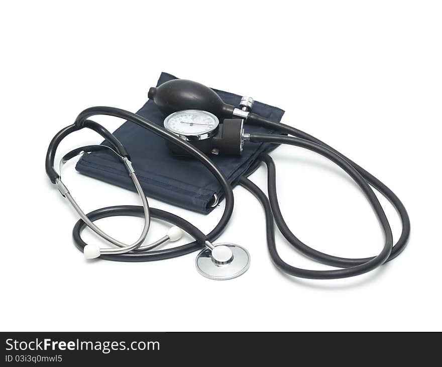 The stethoscope and pressure gauge device on white background