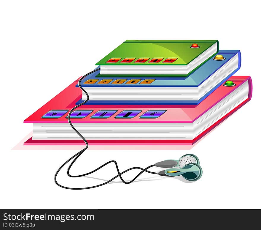 Group of books with connected earphones and control buttons. Group of books with connected earphones and control buttons