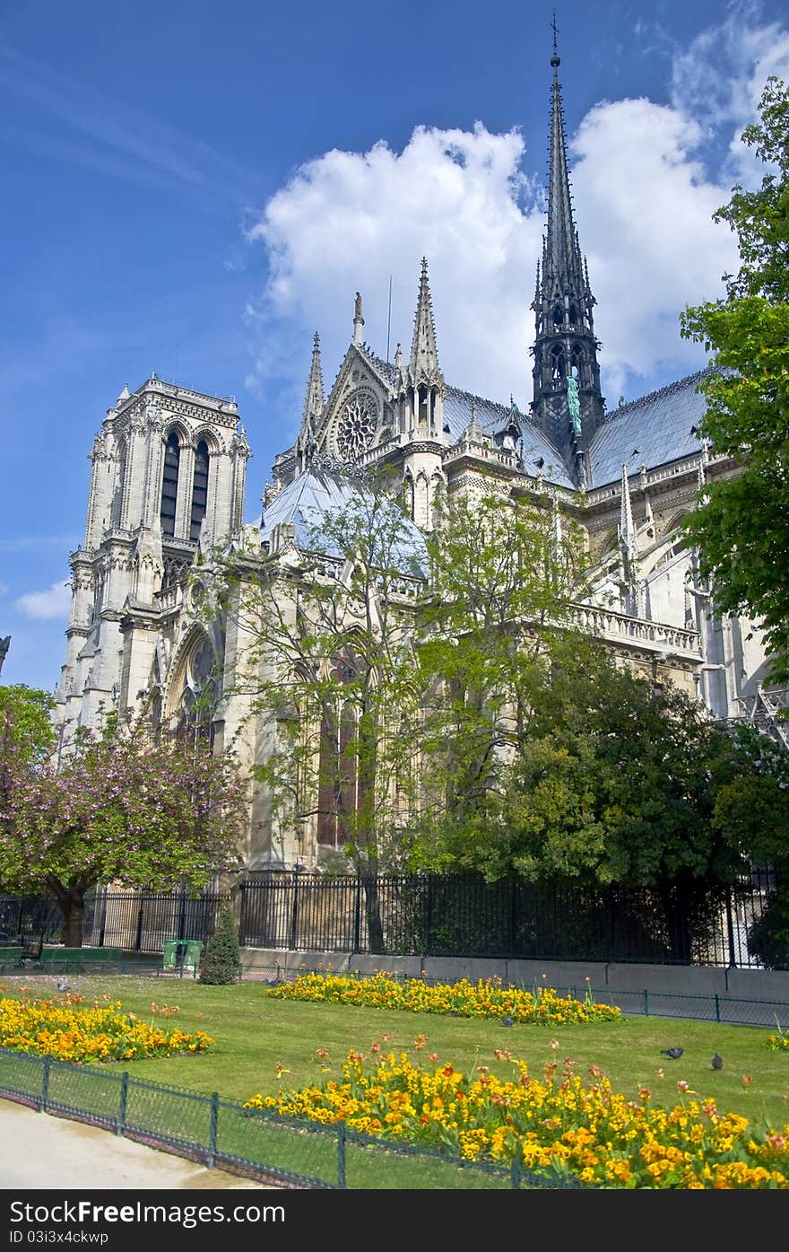 Notre Dame de Paris. The view from the park. Urban scene, Spring.