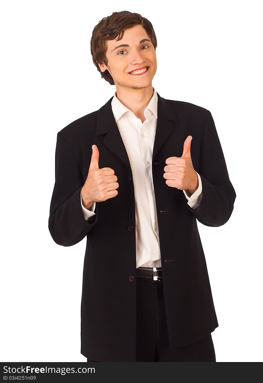 Happy business man showing thumbs