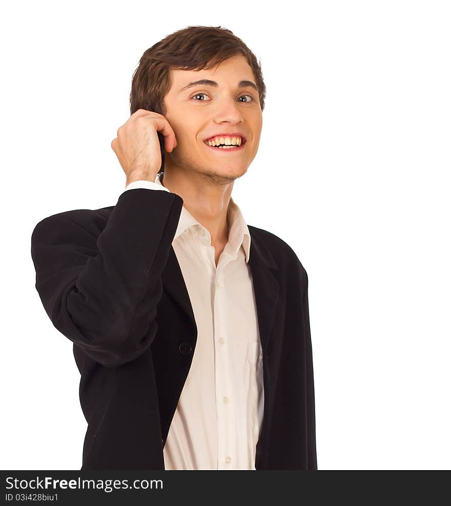 Happy smiling business man standing answering call with hand touching headset