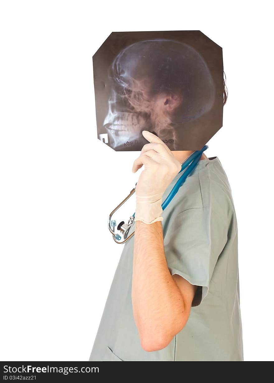 Young doctor hiding himself