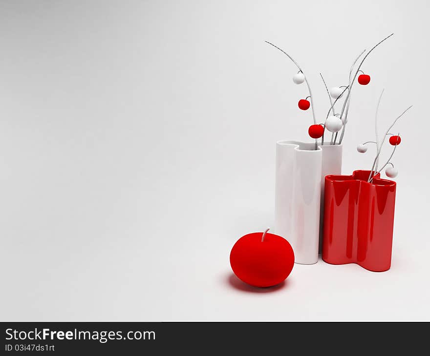 Two creative vases and a red apple, rendering