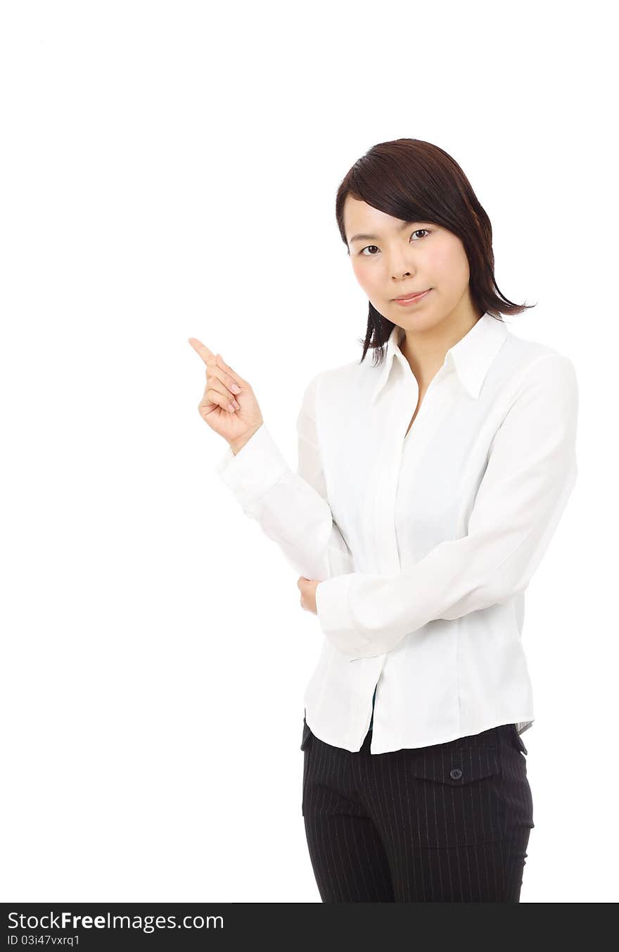 Portrait of young japanese business woman pointing