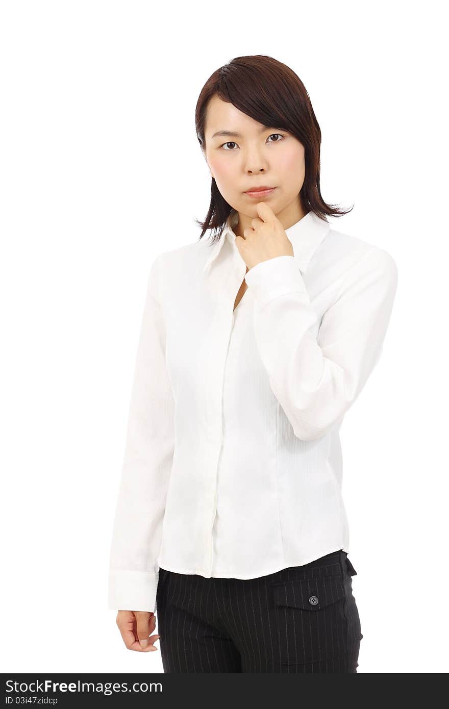 Portrait of young japanese business woman thinking