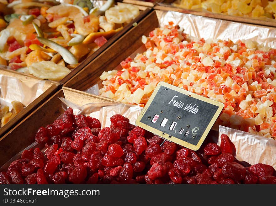 Dried fruits at sunday market in France