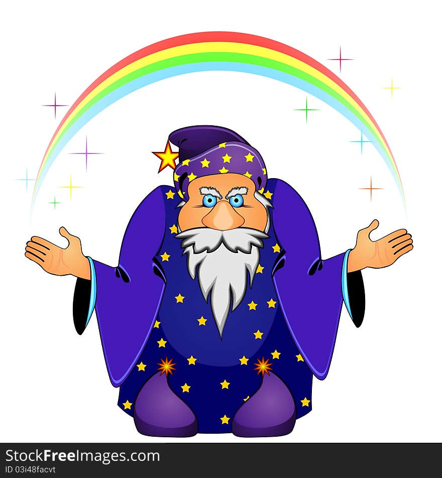 Old cartoon magician holding rainbow and colorful stars. Old cartoon magician holding rainbow and colorful stars