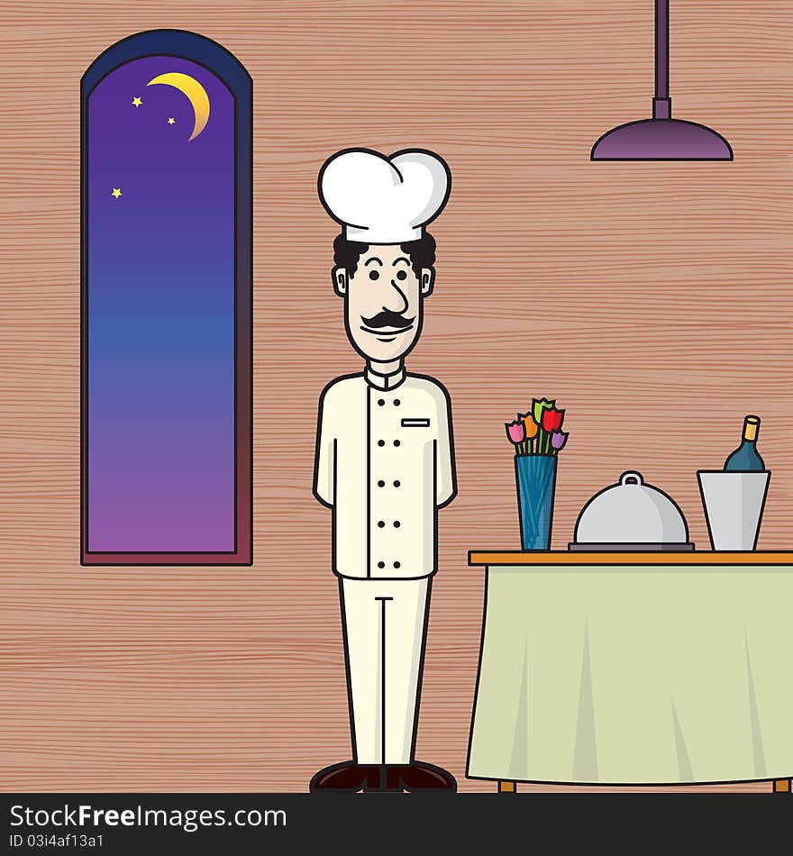 Chef waiting beside a table set for romantic dinner in a restaurant