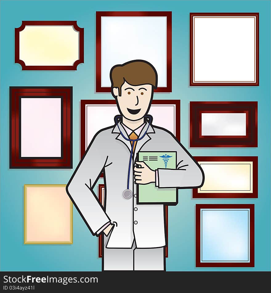 An illustration of a young doctor with stethoscope holding a medical record with blank certificates on the wall behind. An illustration of a young doctor with stethoscope holding a medical record with blank certificates on the wall behind