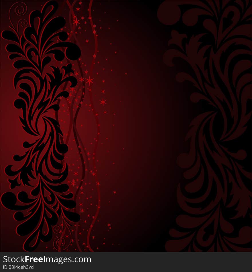 Beautiful black ornament with stars and waves on a dark red background. Beautiful black ornament with stars and waves on a dark red background