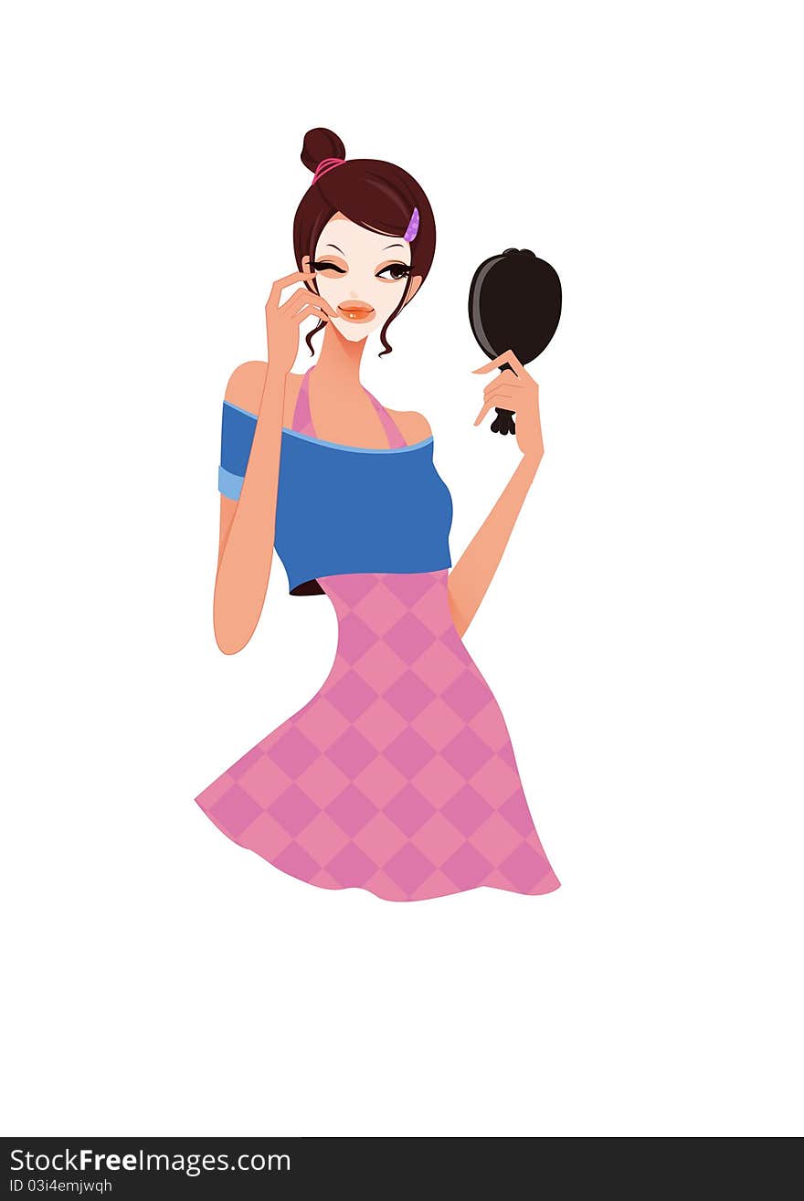 Young woman making a mask with a miorr, skin care foundation at home, isolated, white background, illustration