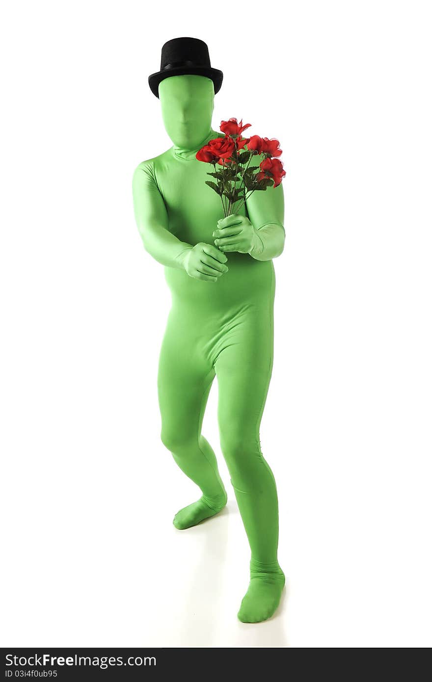 A green morph man in a top hat presenting the viewer with a bouquet of red roses. Isolated on white. A green morph man in a top hat presenting the viewer with a bouquet of red roses. Isolated on white.