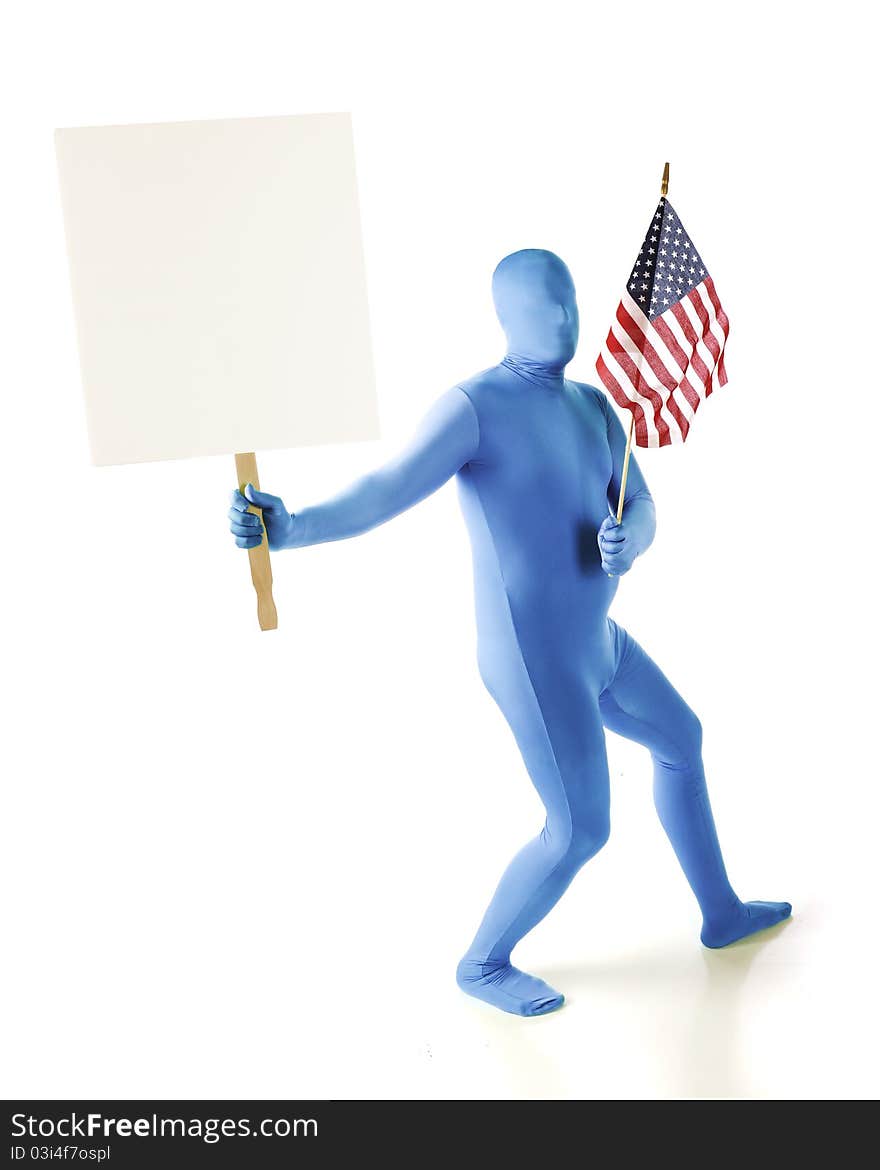 A blue morph man carrying a blank sign and an American flag. Isolated on white. A blue morph man carrying a blank sign and an American flag. Isolated on white.