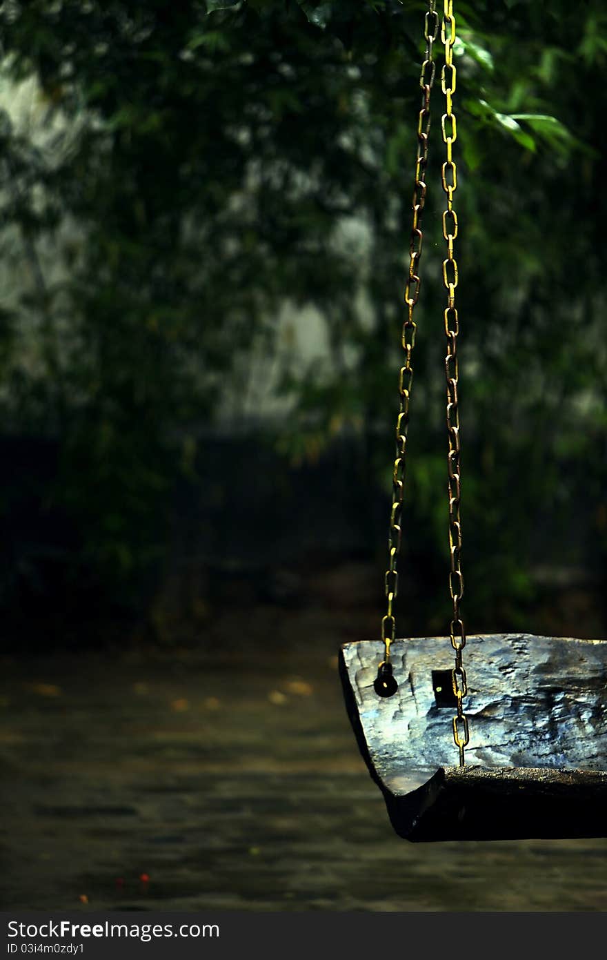 A close up of a lonely swing with a view.