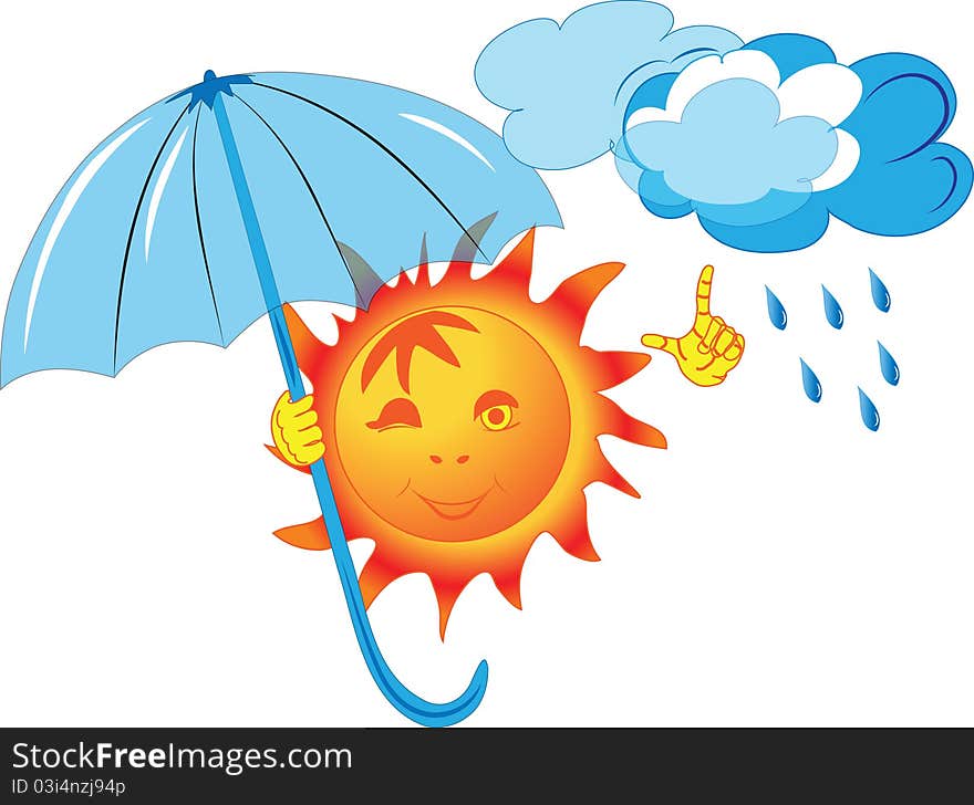 Image of the sun, which keeps the umbrella and the second hand drives away the clouds