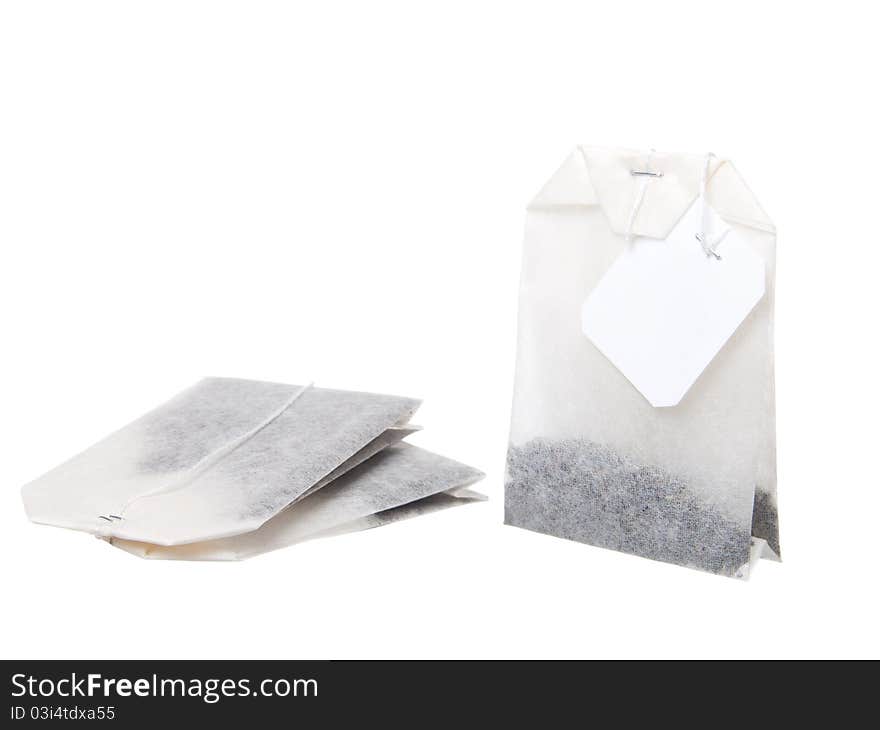 Close-up of tea bag, isolated on white background