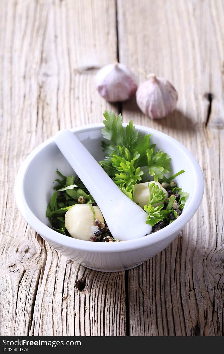 Mortar and pestle with ingredients