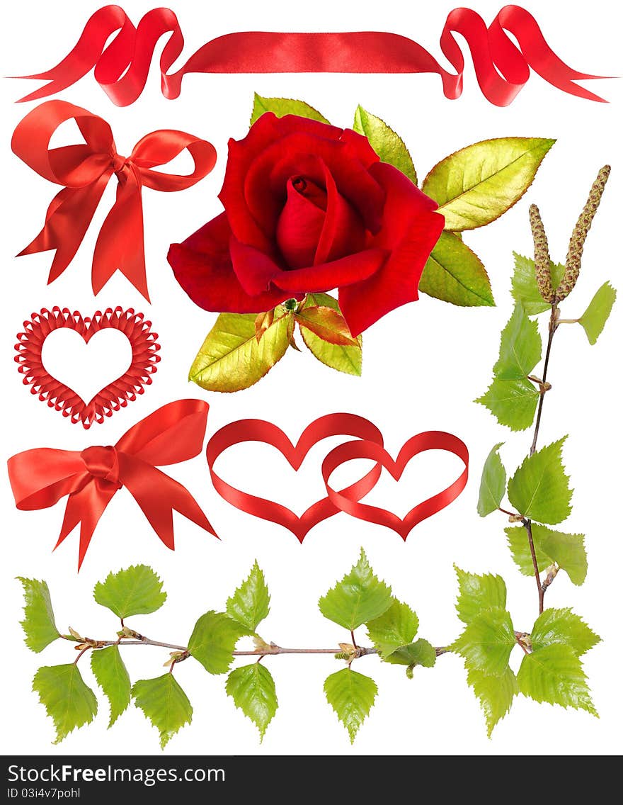 Birch leaves and red ribbons are isolated on a white background. Birch leaves and red ribbons are isolated on a white background.