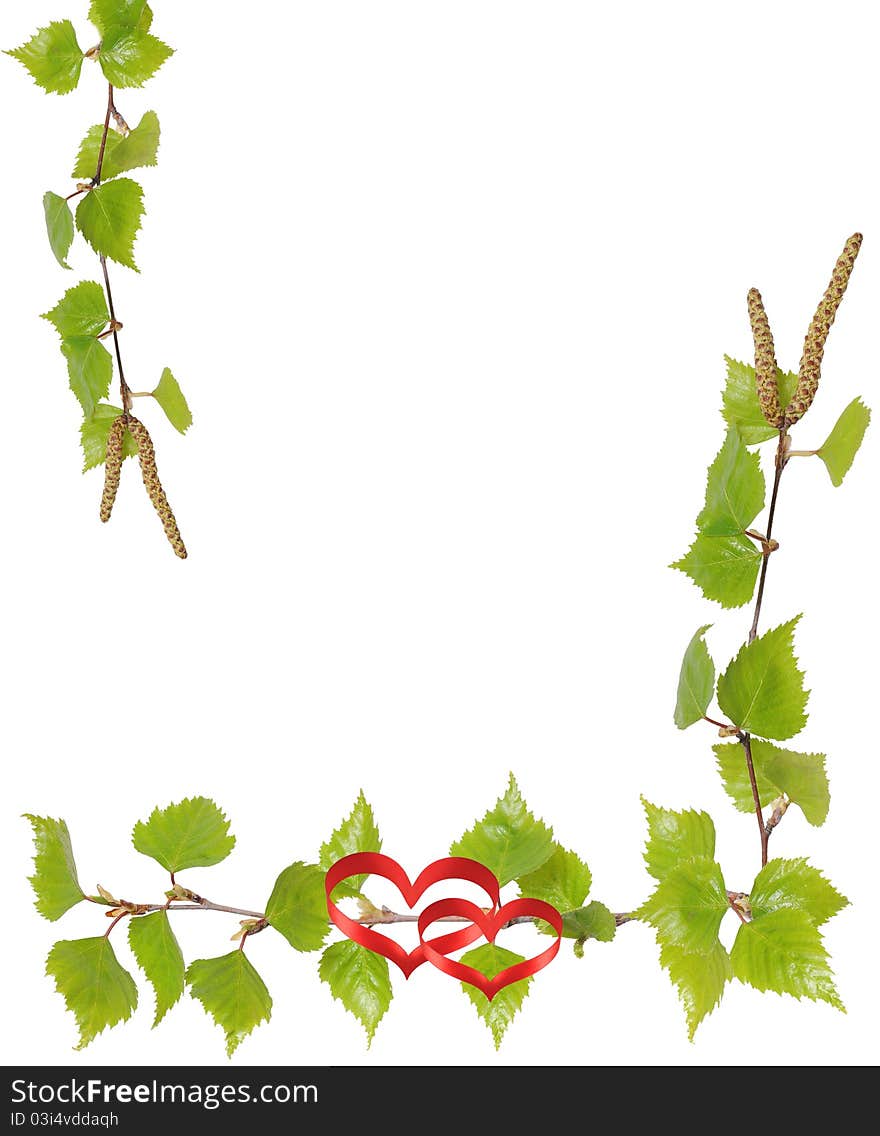 Birch leaves and red ribbons are isolated on a white background. Birch leaves and red ribbons are isolated on a white background.