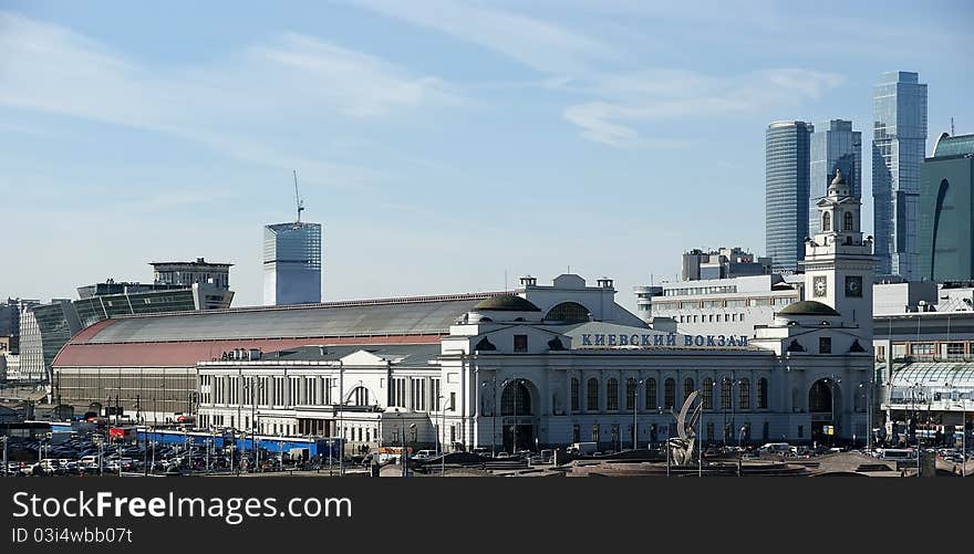 Kievsky train station and international business centre as seen from the Moskva River embankment. Moscow, Russia