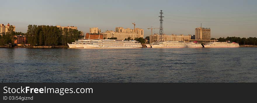 Panorama of river station in the city of St.-Petersburg early in the morning. Panorama of river station in the city of St.-Petersburg early in the morning