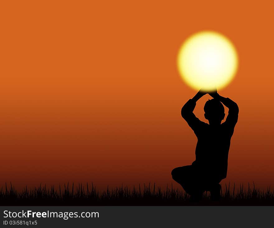 Silhouette of a boy holding up the sun. Silhouette of a boy holding up the sun