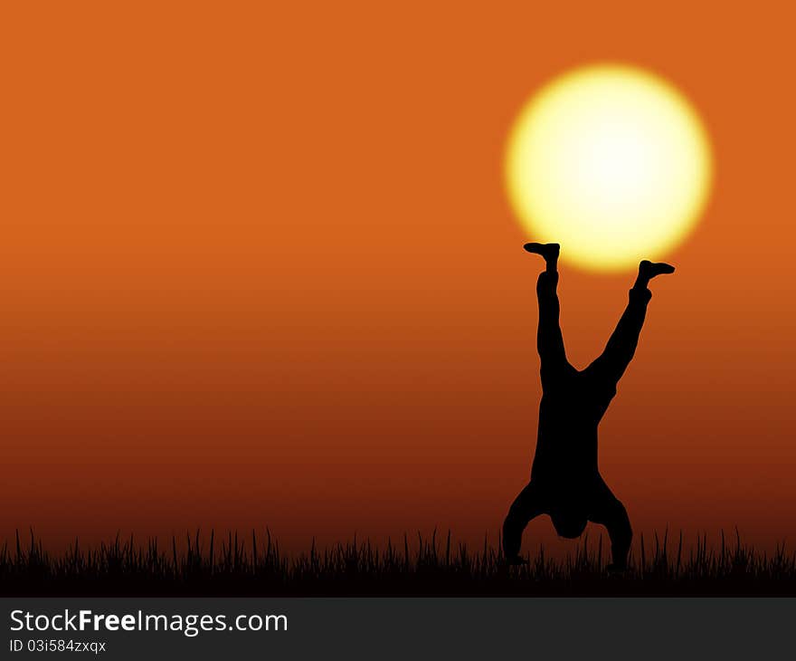 Silhouette of a boy doing handstand and balancing the sun. Silhouette of a boy doing handstand and balancing the sun